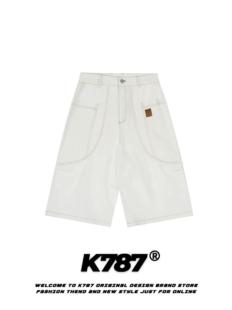Quần short denim trắng may viền kiểu Mỹ cổ điển K787, dáng rộng, unisex, đa năng, thích hợp đi làm, cạp cao, kiểu ngắn