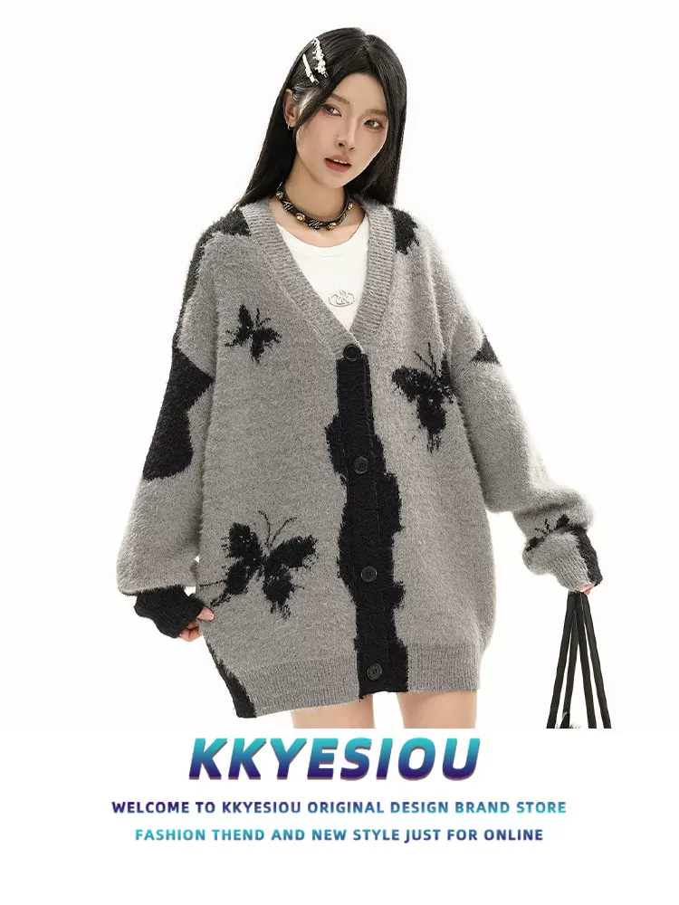 Áo len dệt kim kiểu dáng lười biếng phong cách retro Mỹ của thương hiệu KKyesiou, unisex, kiểu vintage, áo cardigan đôi.