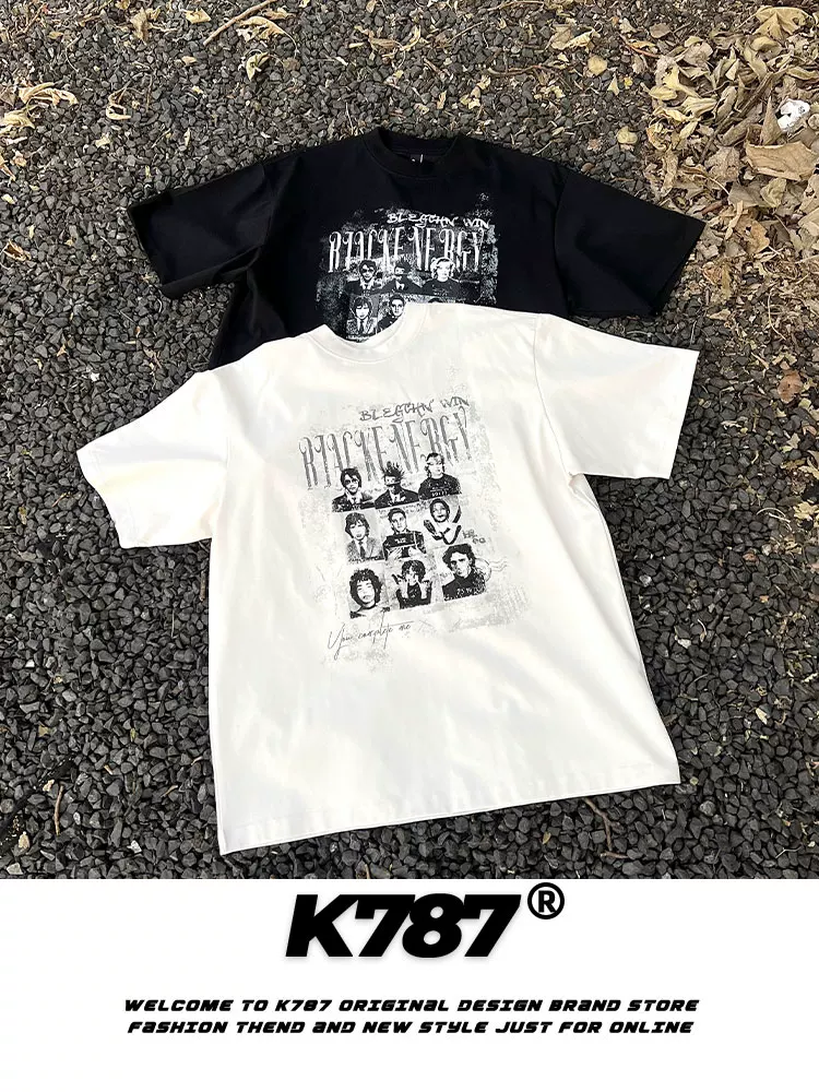 K787 Áo thun ngắn tay cotton dày dặn phong cách hip-hop cổ điển của Mỹ dành cho nam và nữ, áo thun ngắn tay cỡ lớn dành cho cặp đôi.