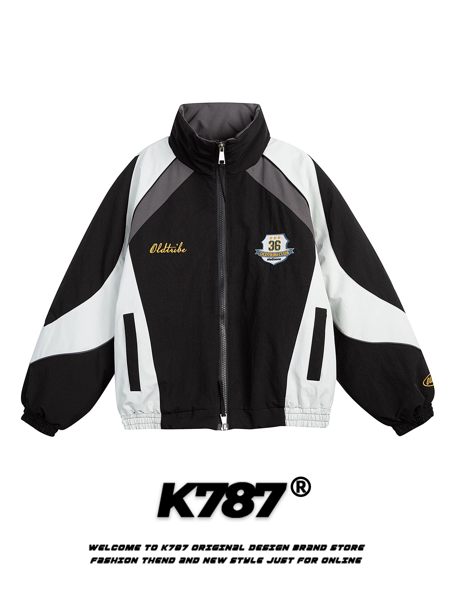 Áo khoác cotton cổ đứng phối màu thêu chữ kiểu Mỹ cổ điển K787, unisex, thời trang, thương hiệu, ấm áp, dành cho cặp đôi, có khóa kéo.