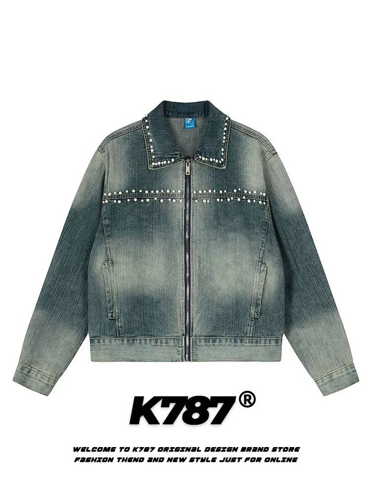 Áo khoác denim unisex dáng rộng, thiết kế tua rua kiểu Mỹ cổ điển, chất liệu denim đã qua xử lý, kiểu dáng ngắn, thời trang.