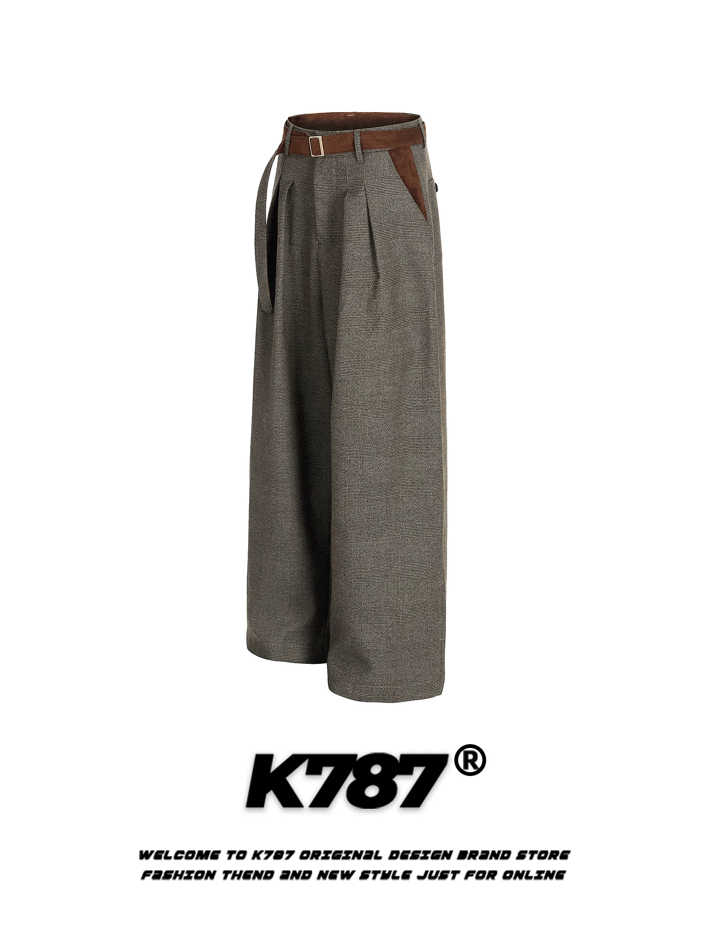 Quần âu unisex kiểu dáng rộng thùng thình, chất liệu vải houndstooth cổ điển Mỹ K787, phong cách tiền cổ, đa năng, dáng thẳng, ống rộng.
