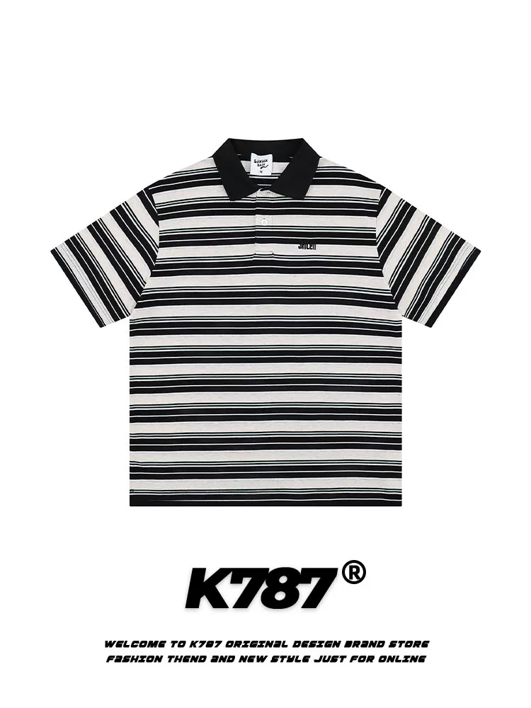 Áo thun ngắn tay cổ điển kiểu Mỹ K787 dành cho nam và nữ, áo sơ mi POLO dáng rộng đa năng phong cách đại học