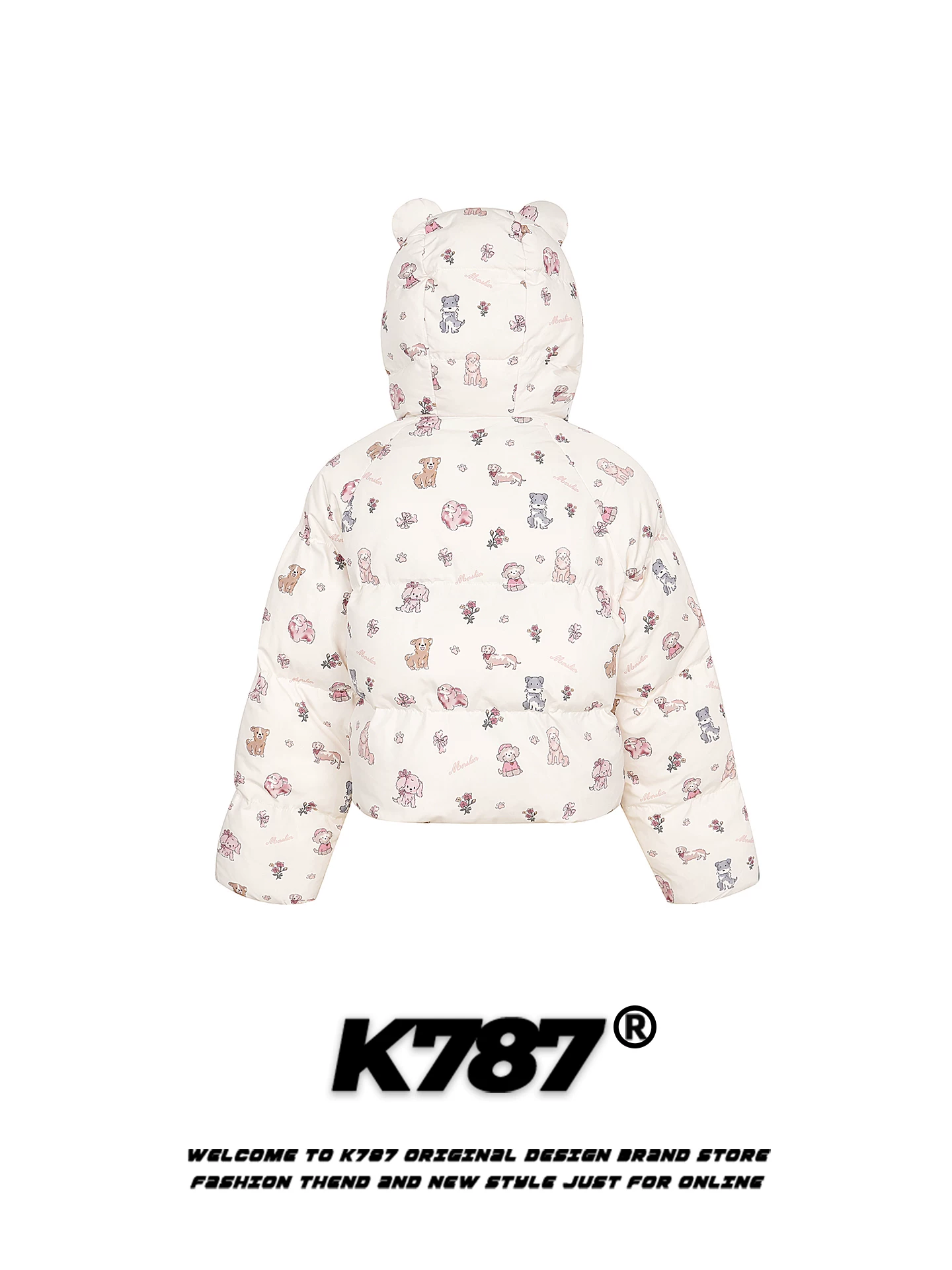 Áo khoác cotton có mũ trùm đầu in hình tai chó dễ thương phong cách Mỹ K787 dành cho nữ, áo khoác ngắn dày dặn giữ ấm mùa đông