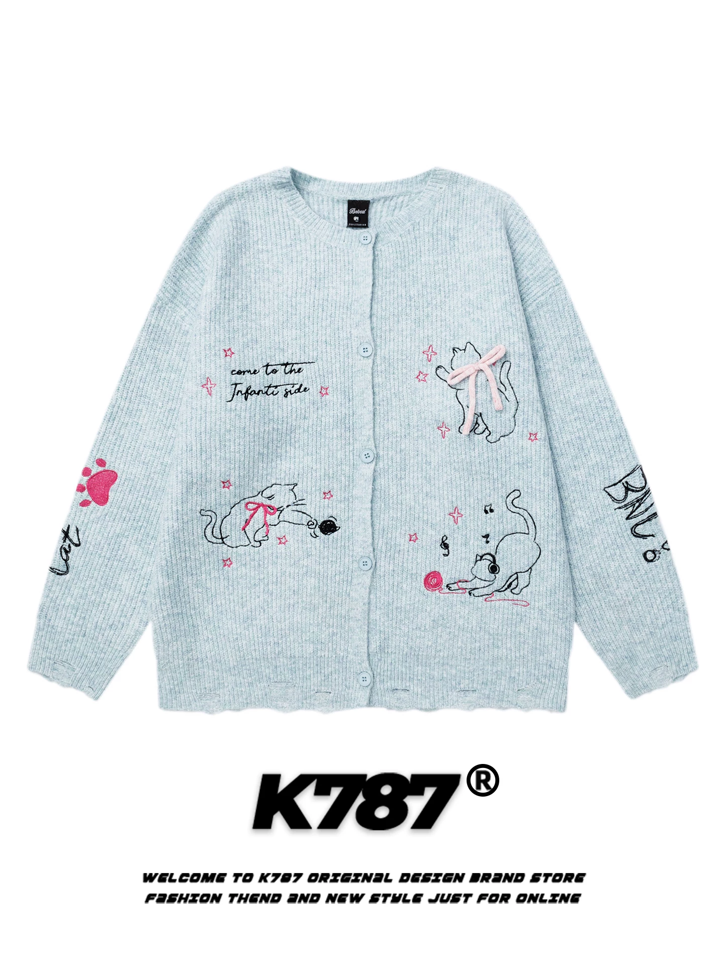 Áo len cardigan thêu hình động vật hoạt hình phong cách ngọt ngào Mỹ K787 dành cho nam và nữ, kiểu dáng rộng rãi, thoải mái, áo khoác cặp đôi dệt kim