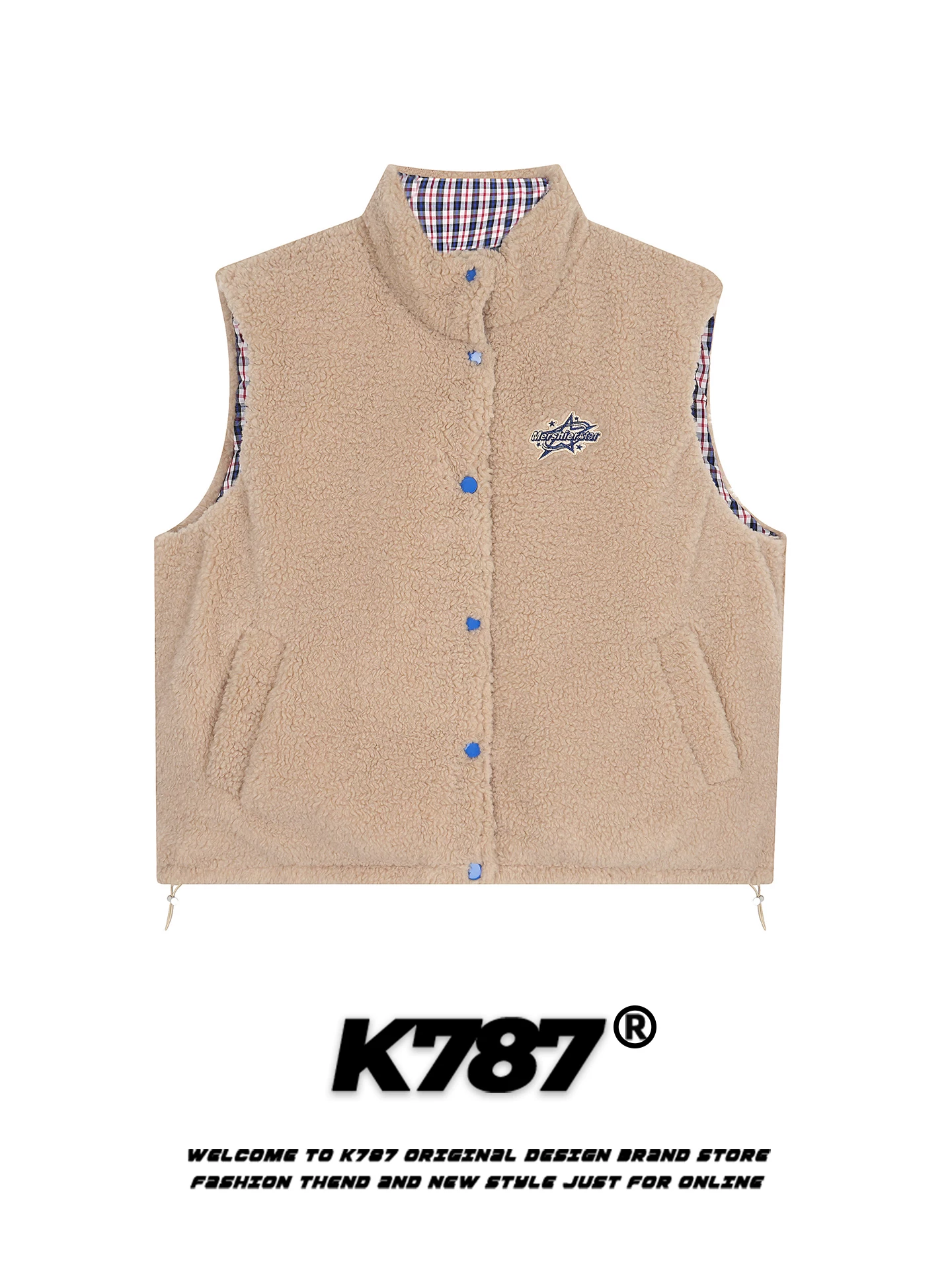 Áo vest hai mặt kiểu Mỹ K787, chất liệu nỉ kẻ caro thời trang dành cho nam và nữ, cổ đứng dày dặn, kiểu dáng rộng rãi nhiều lớp, thích hợp cho mùa đông.