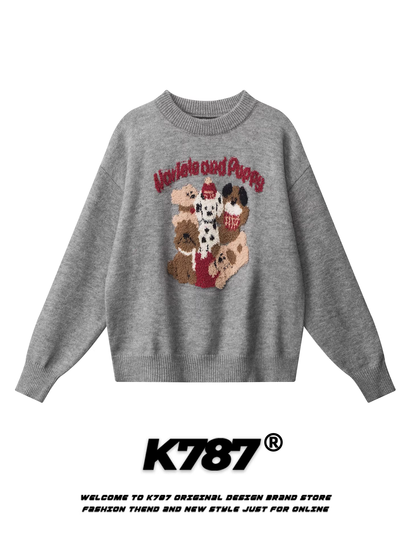 Áo len cổ tròn dệt jacquard họa tiết chó con phong cách retro Mỹ K787 dành cho nam và nữ, kiểu dáng rộng rãi, thoải mái, phong cách lười biếng.