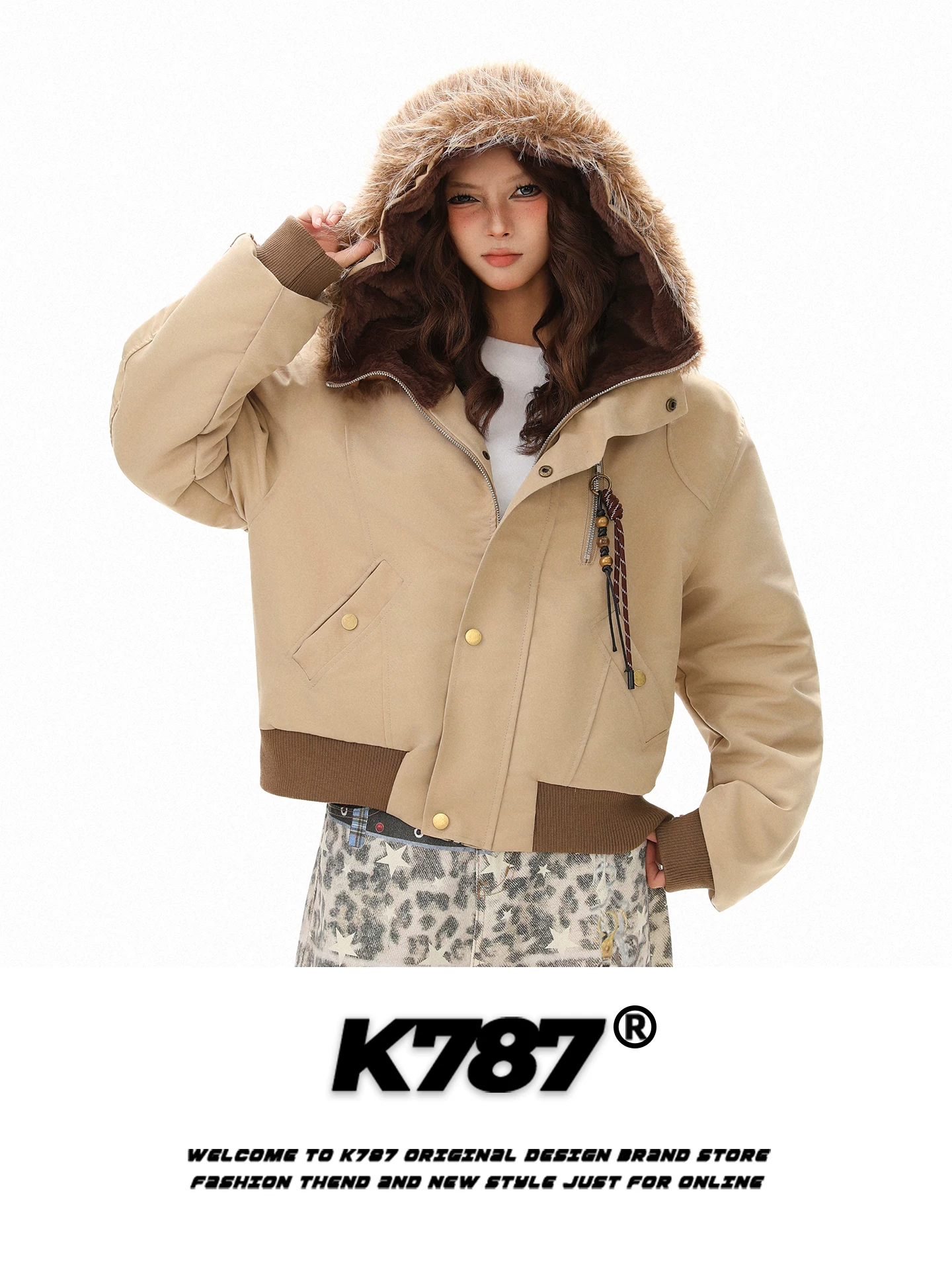 Áo khoác cotton có mũ trùm đầu, cổ lông, kiểu dáng retro Mỹ, may ghép mảnh, dành cho nữ, dáng rộng, dày dặn, ấm áp, kiểu áo khoác cotton phong cách nông trại.