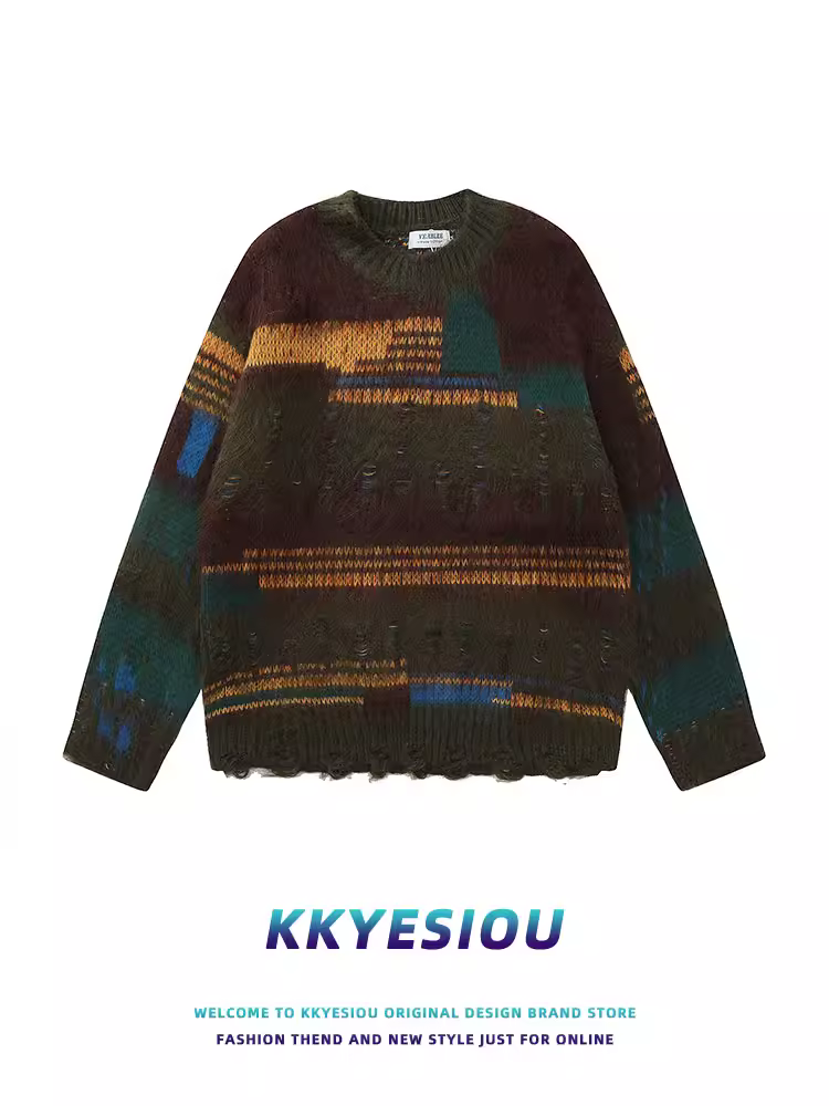 Áo len dệt kim màu phối phong cách retro Mỹ của KKyesiou dành cho nam và nữ, áo len cặp đôi đa năng phong cách dân tộc