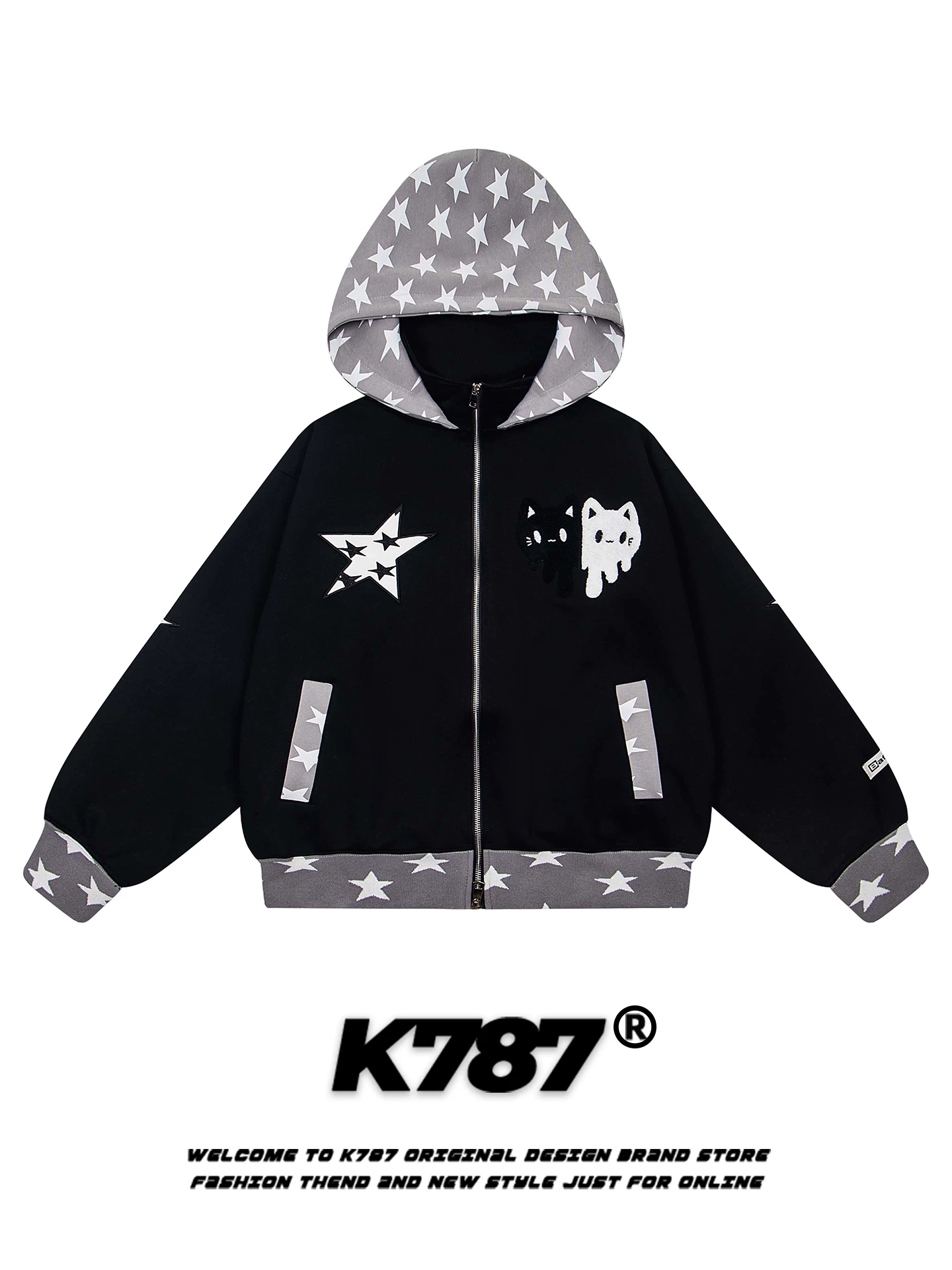 Áo hoodie thêu hình mèo retro Mỹ K787, kiểu dáng unisex, rộng rãi, màu đỏ, áo khoác đôi có khóa kéo