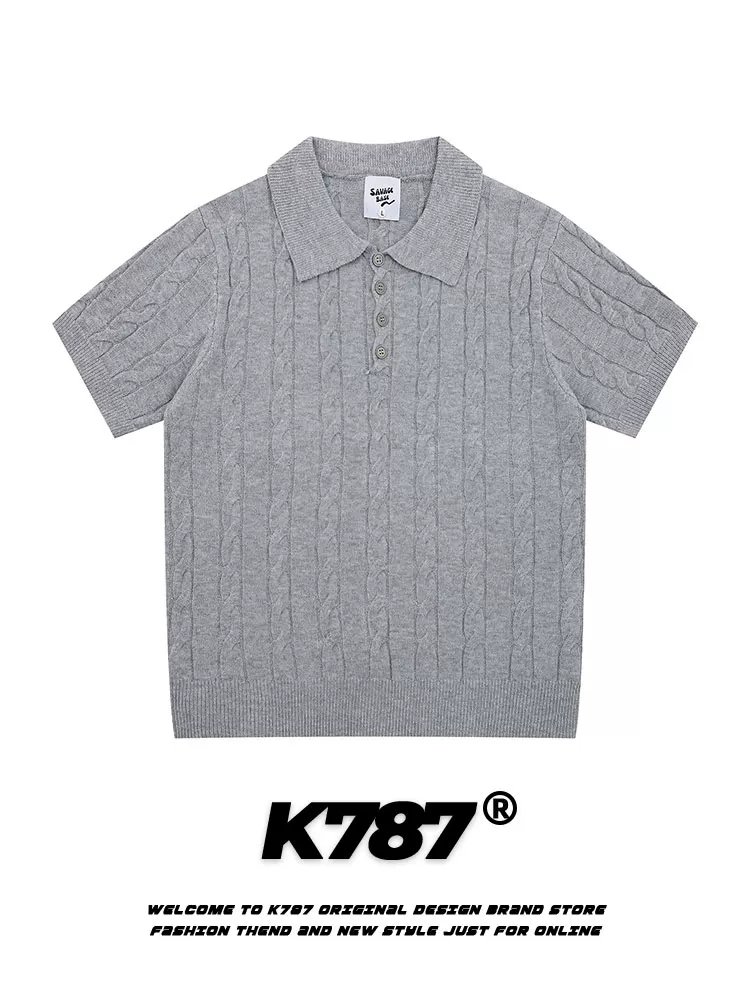 Áo thun ngắn tay cổ trụ dệt kim kiểu đường phố Mỹ K787 dành cho nam và nữ, áo POLO cổ trụ phong cách tiền cổ điển, kiểu dáng gọn gàng