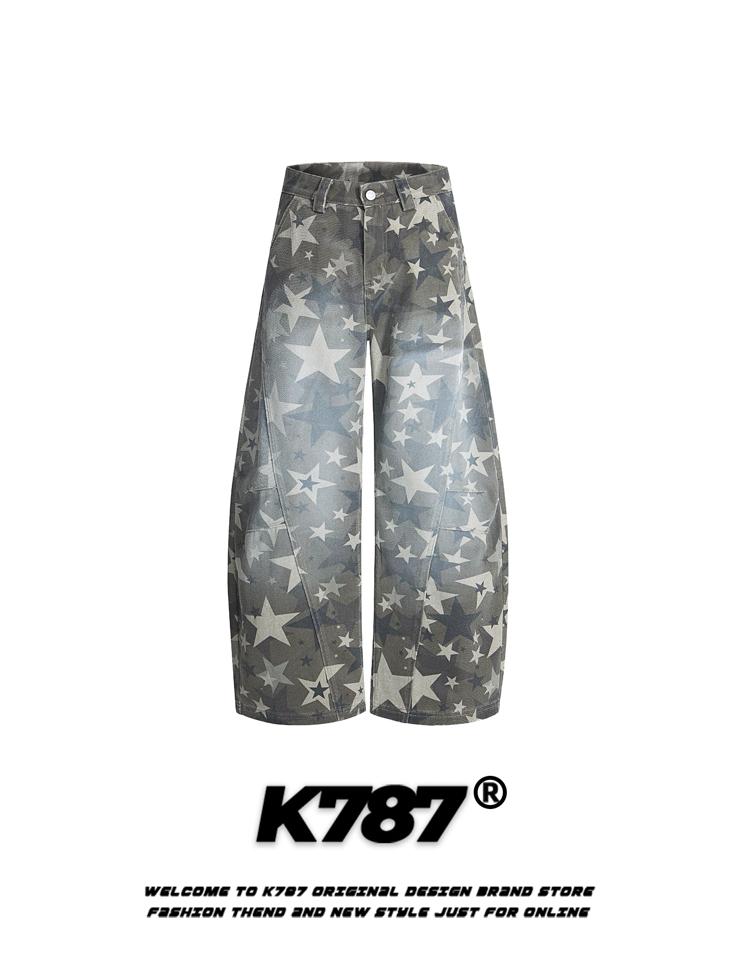 Quần jeans unisex dáng rộng họa tiết sao trăng kiểu Mỹ cổ điển K787, in họa tiết toàn thân, phong cách ngụy trang, xu hướng quốc dân, thiết kế phá cách, cạp cao, ống rộng