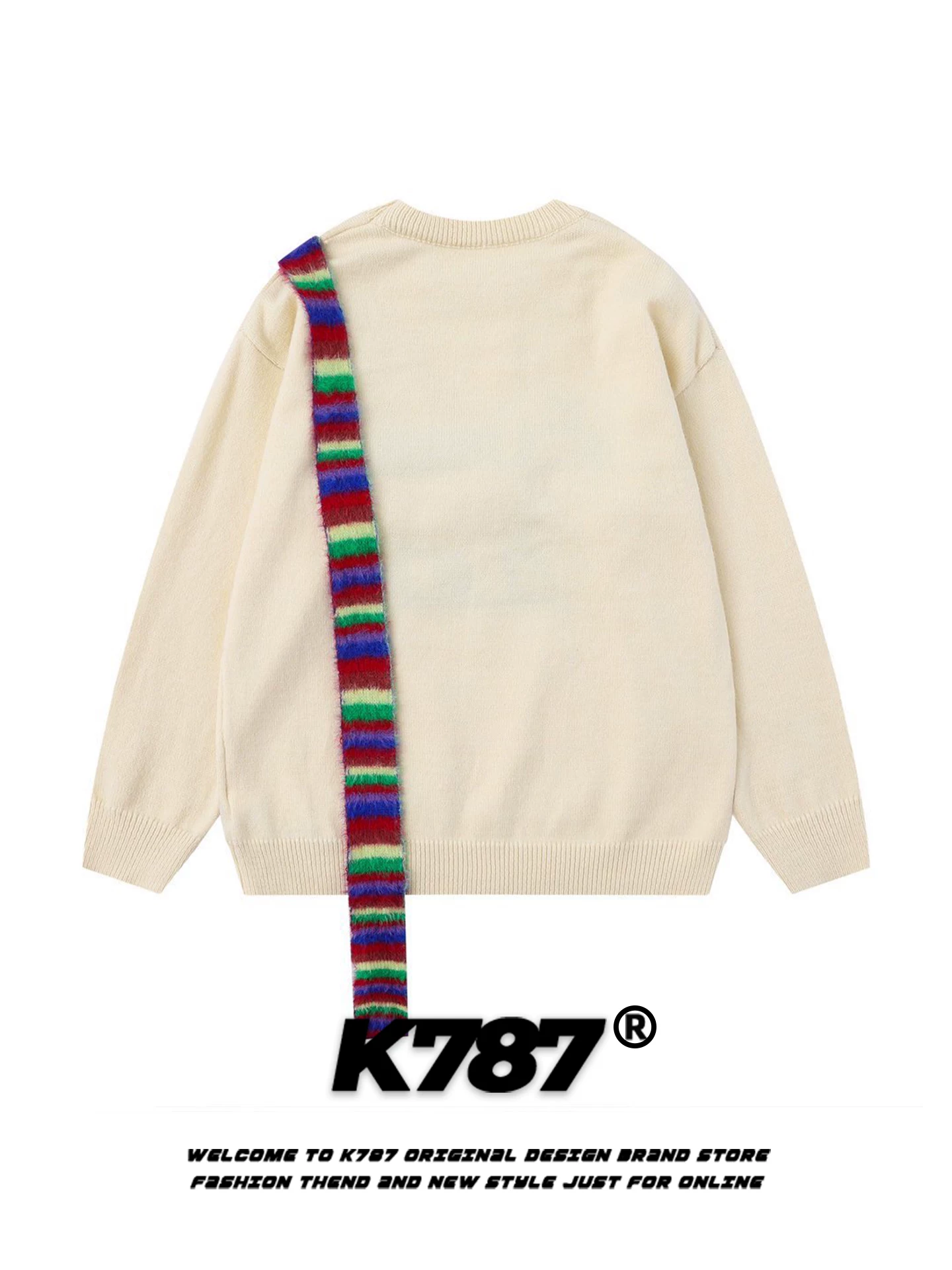 Áo len cổ tròn unisex kiểu dáng rộng rãi, chất liệu len dệt kim, họa tiết cầu vồng retro Mỹ, kiểu dáng cặp đôi, mã K787