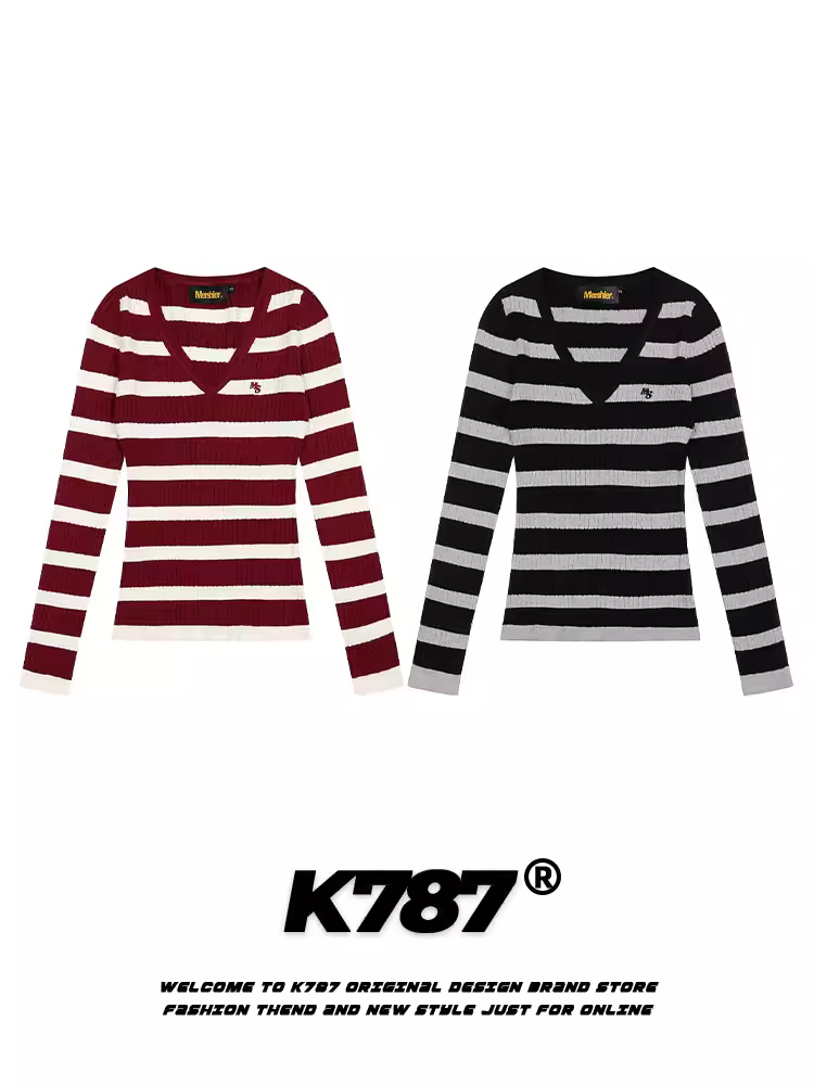 Áo len nữ K787 màu đỏ sọc kẻ, cổ V, tay dài, phong cách năng động, kiểu dáng ôm eo, áo ngắn