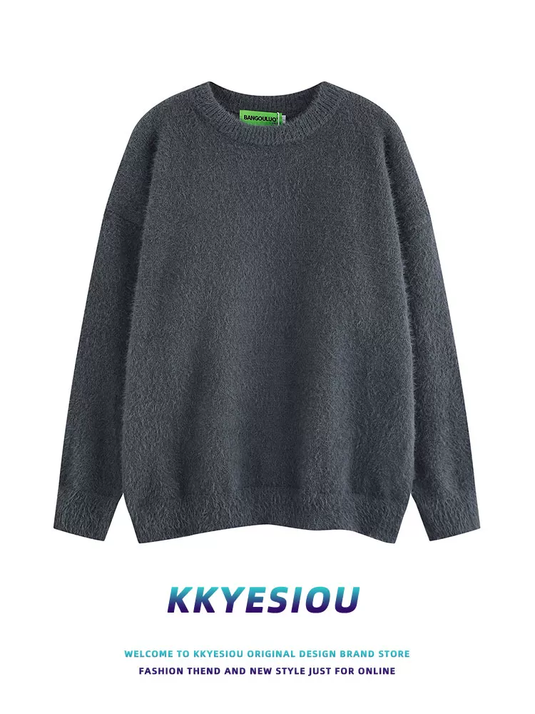 Áo len dệt kim màu trơn phong cách retro Mỹ KKyesiou dành cho nam và nữ, kiểu dáng rộng rãi, phong cách thường ngày, dành cho cặp đôi