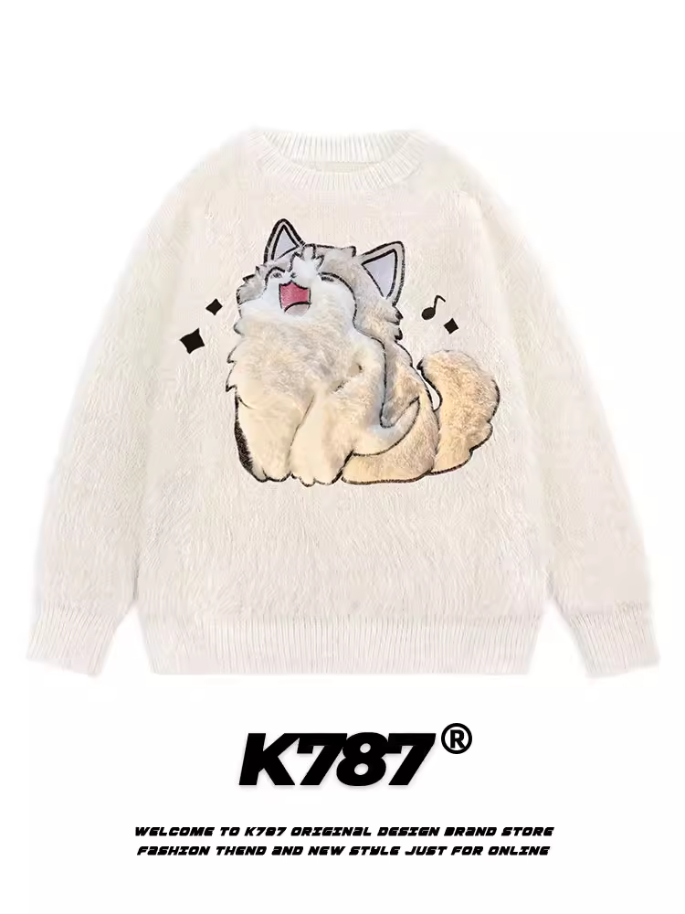 Áo len dệt kim dày dặn lông giả mink K787 dễ thương dành cho nam và nữ, áo len cặp đôi mùa đông thêu nổi 3D dễ thương