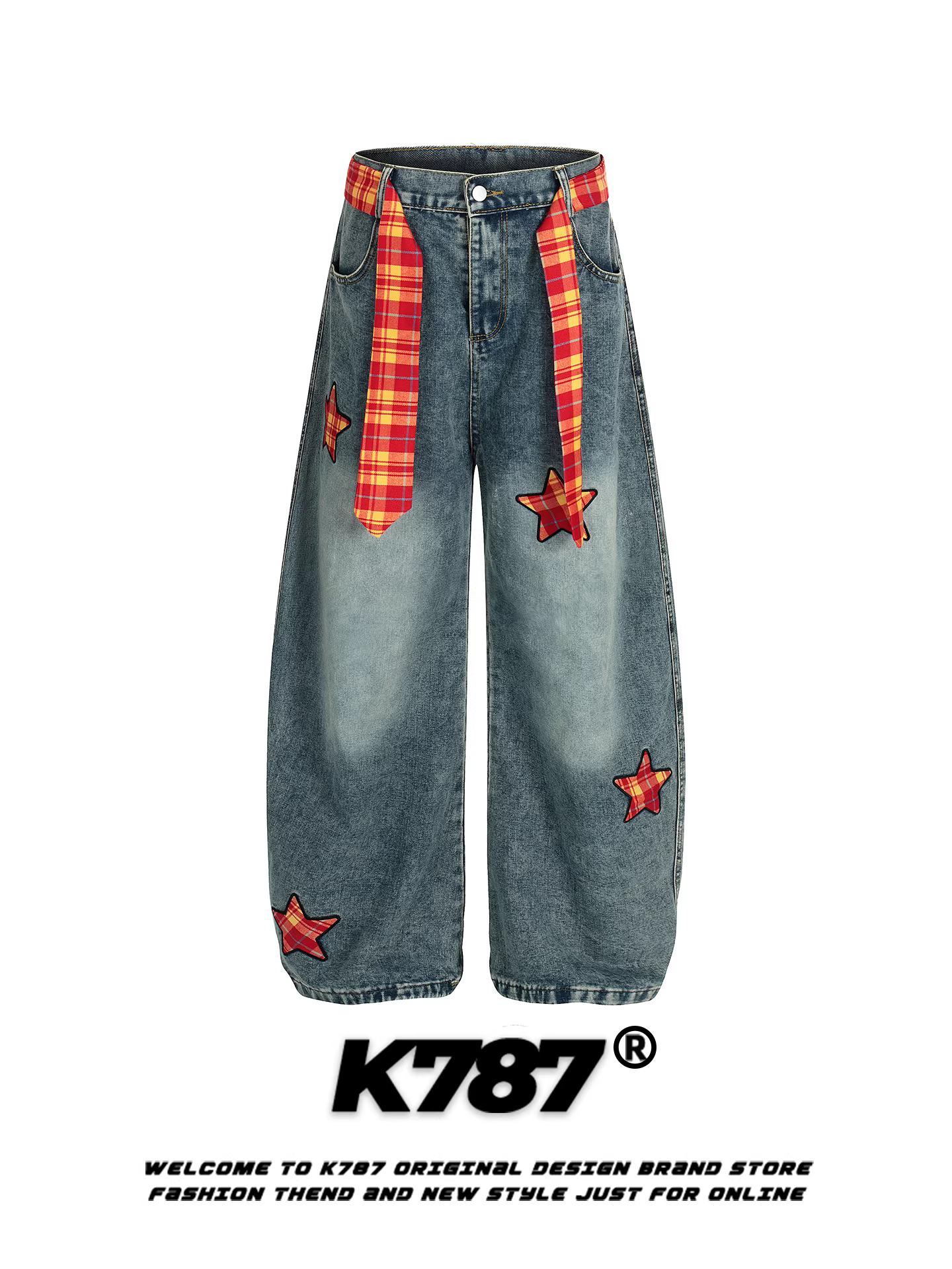 Quần jeans unisex dáng rộng thùng thình phong cách hip-hop cao cấp, họa tiết kẻ caro phối vải thêu, kiểu dáng sao Mỹ K787