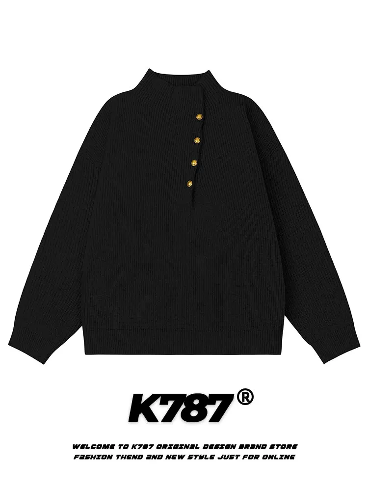 Áo len dệt kim cổ chéo phong cách retro Mỹ K787 dành cho nam và nữ, áo len cặp màu xám cổ điển, phong cách lười biếng
