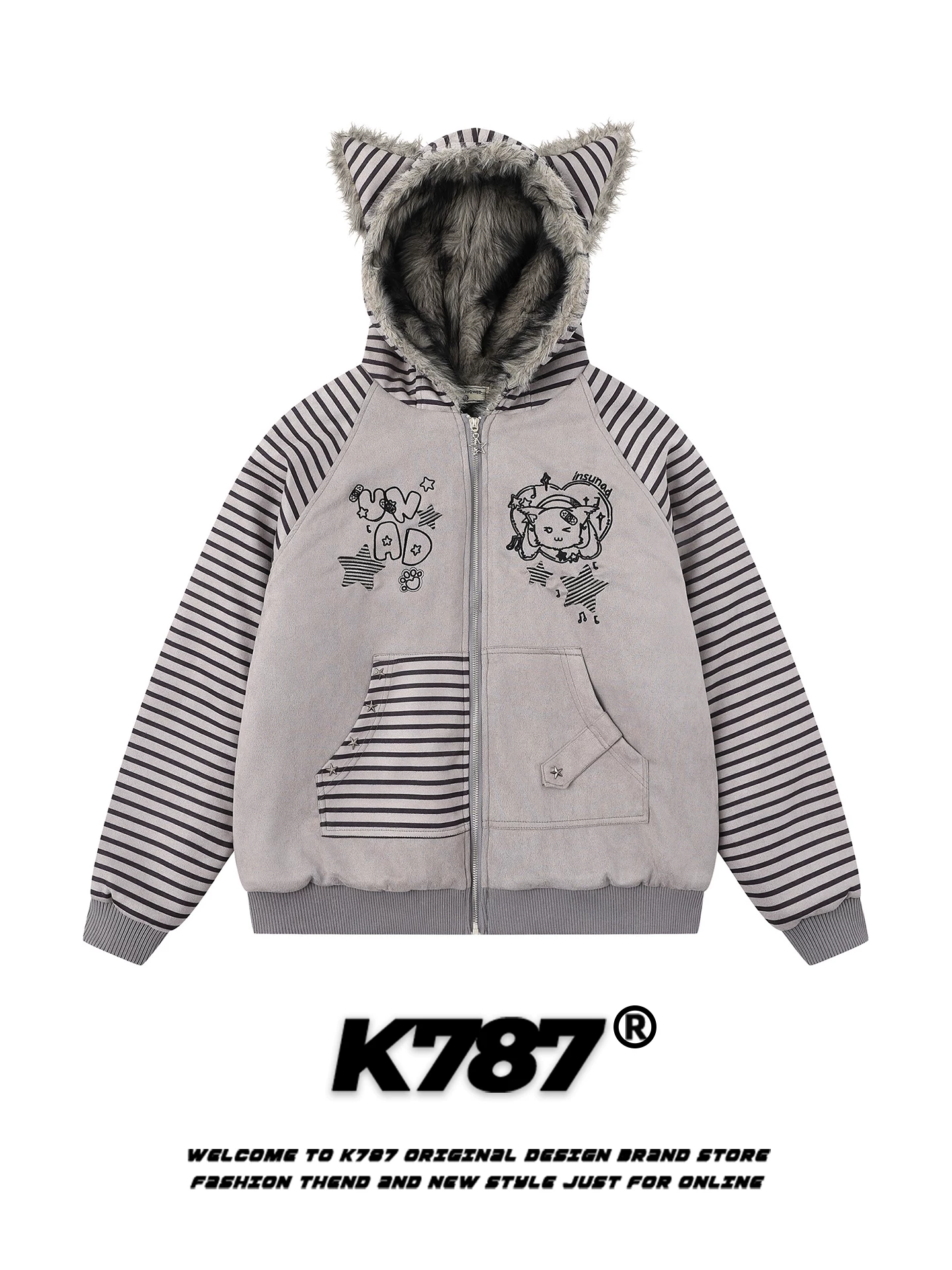 Áo khoác cotton có mũ trùm đầu hình tai mèo sọc cổ điển kiểu Mỹ K787 dành cho nam và nữ, áo khoác cardigan cotton dày dặn và ấm áp dành cho cặp đôi.