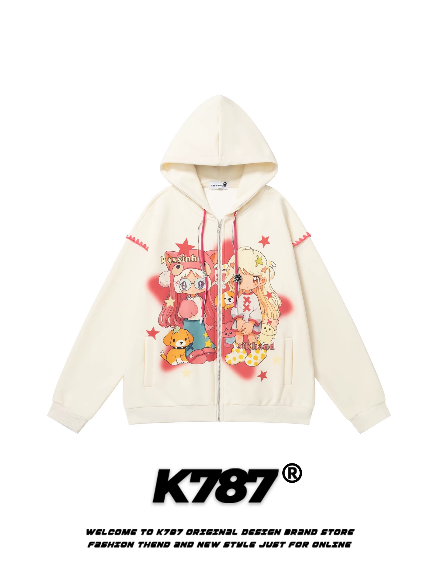 K787 Áo len cardigan có mũ trùm đầu in hình hoạt hình đường phố Mỹ dành cho nam và nữ màu hồng subculture y2k áo khoác cặp đôi mùa thu