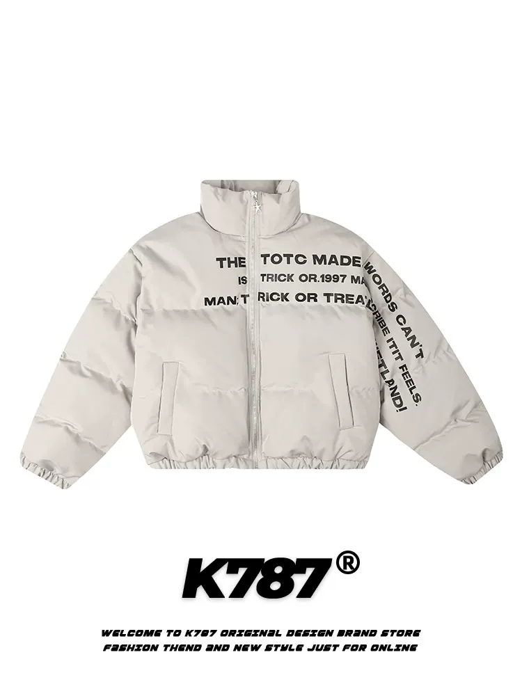 Áo khoác cotton ngắn dày có đệm in chữ cổ điển kiểu Mỹ K787 dành cho nam và nữ, áo khoác cotton kiểu dáng chức năng dành cho cặp đôi.