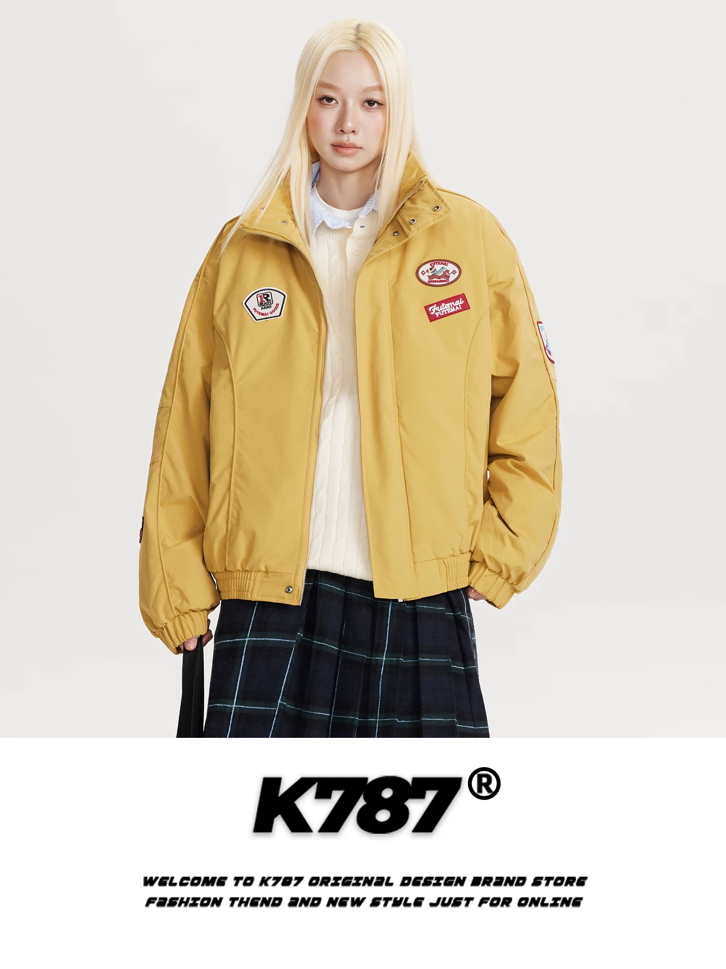 Áo khoác cotton cổ đứng thêu họa tiết ghép mảnh kiểu Mỹ cổ điển K787 dành cho nam và nữ, áo khoác cotton ấm áp thời trang mùa đông dành cho cặp đôi