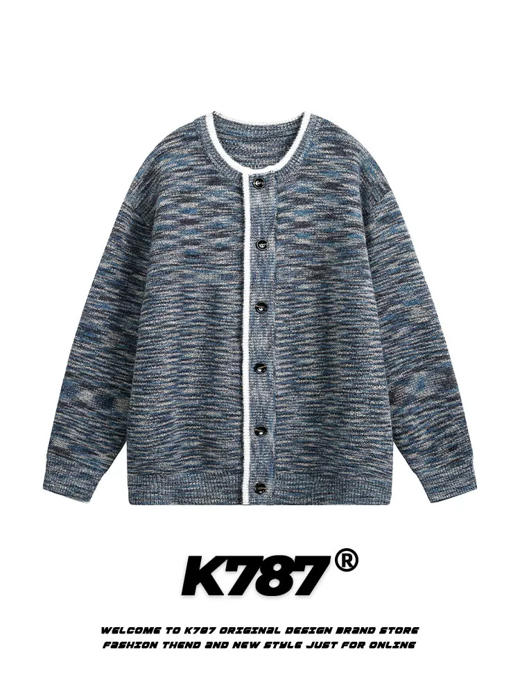 Áo cardigan len dệt kim cổ tròn phối màu phong cách retro Mỹ K787, kiểu dáng unisex, phong cách lười biếng, chất liệu dệt kim, kiểu dáng thường ngày.