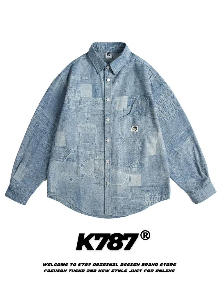 K787 Áo sơ mi dài tay denim thiết kế họa tiết cổ điển kiểu Mỹ dành cho nam và nữ áo khoác cặp đôi mỏng giản dị cổ điển