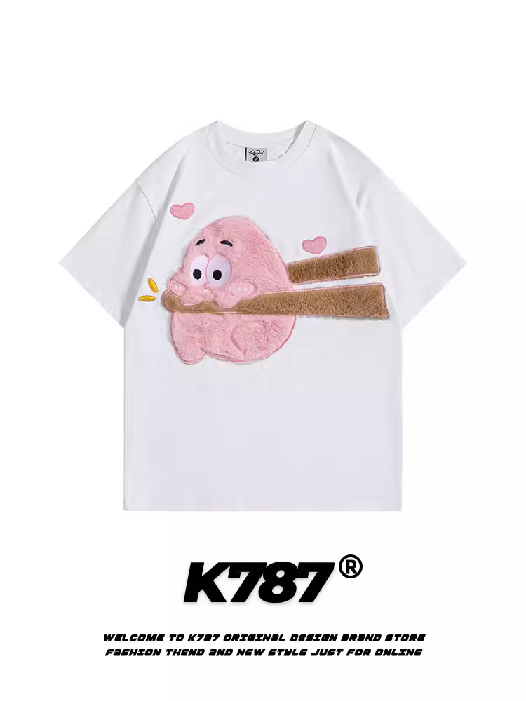 Áo thun ngắn tay thêu ba chiều phong cách retro Mỹ K787 dành cho nam và nữ, áo thun mùa hè dành cho cặp đôi dễ thương và đa năng.