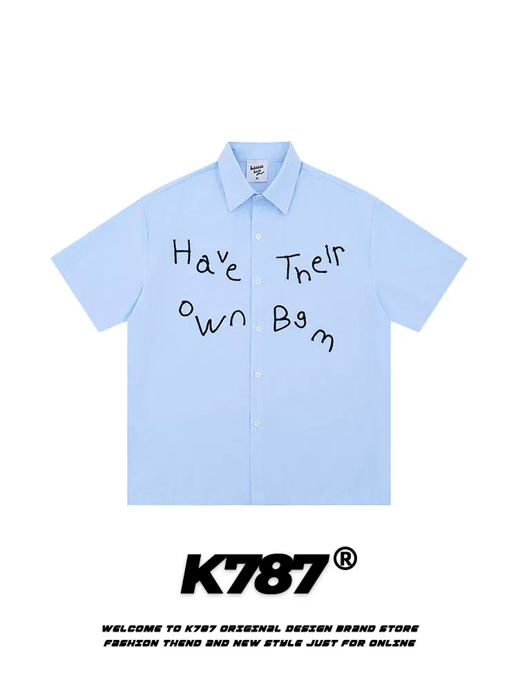 K787 Mỹ retro thêu chữ phong cách đại học áo sơ mi ngắn tay unisex cổ điển đa năng cardigan hàng đầu mùa hè