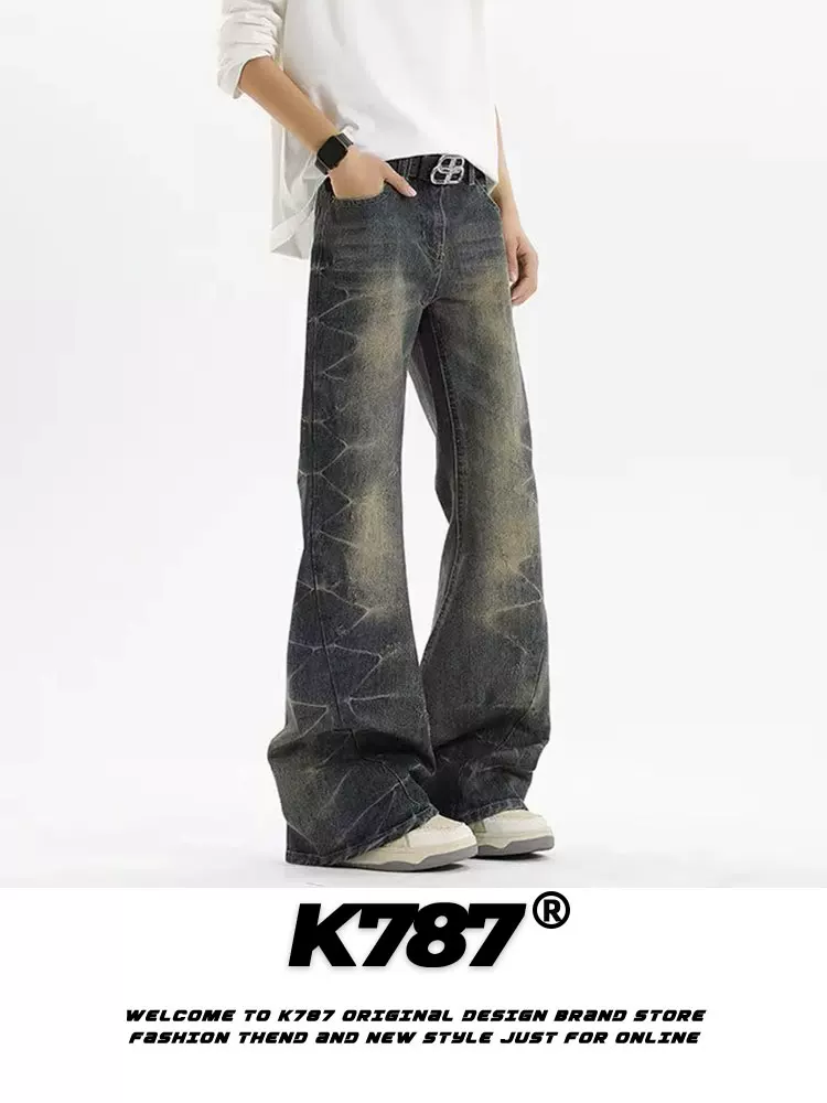 Quần jeans unisex dáng thẳng lưng cao, chất liệu denim xước kiểu retro Mỹ K787, kiểu dáng rộng rãi, phong cách thường ngày