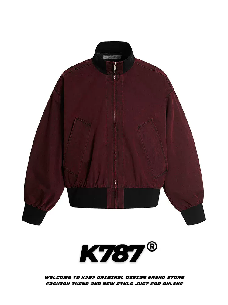 Áo khoác ngắn kiểu đường phố Mỹ K787, chất liệu vintage đã qua xử lý, unisex, dáng ôm, cổ đứng, phong cách biker, áo đôi mùa thu
