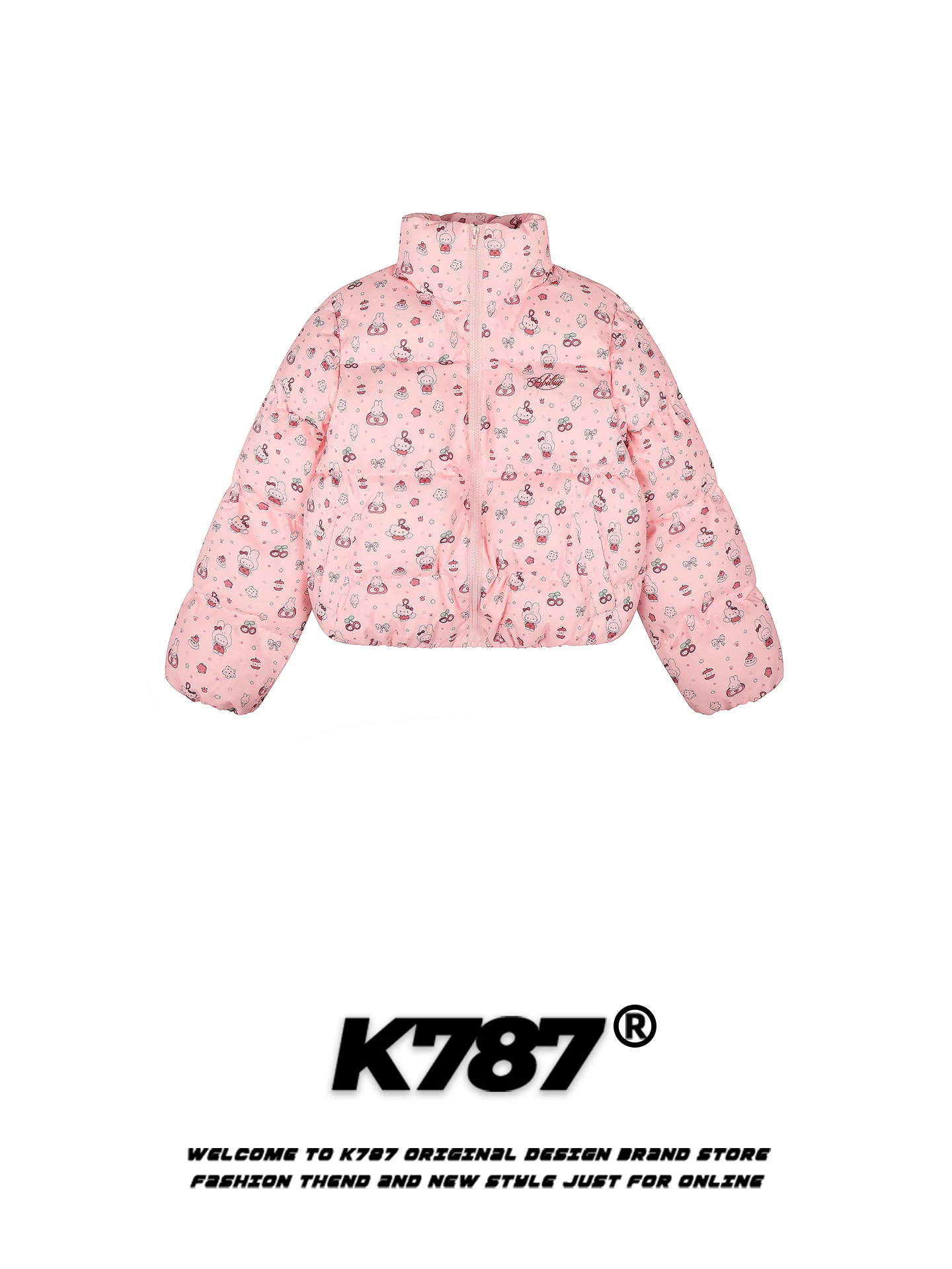 Áo khoác cotton cổ đứng in hình mèo Kitty kiểu Mỹ K787 dành cho nữ, áo khoác cotton ngắn dày dặn, ấm áp, giảm tuổi tác, mặc thường ngày cho mùa đông.