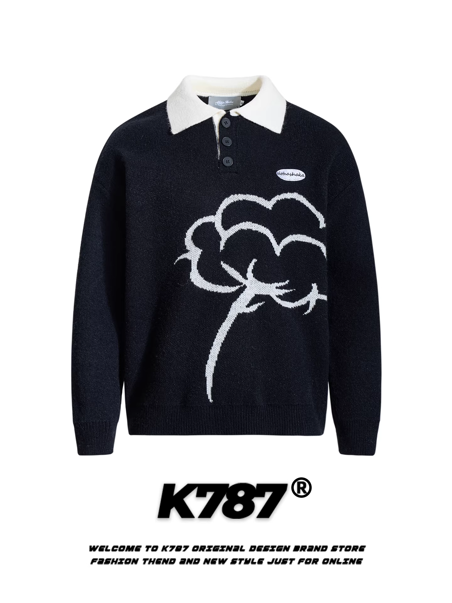 Áo len dệt kim cổ trụ họa tiết hoa retro Mỹ K787 dành cho nam và nữ, kiểu dáng rộng rãi, thoải mái, phong cách lười biếng, áo len đôi.