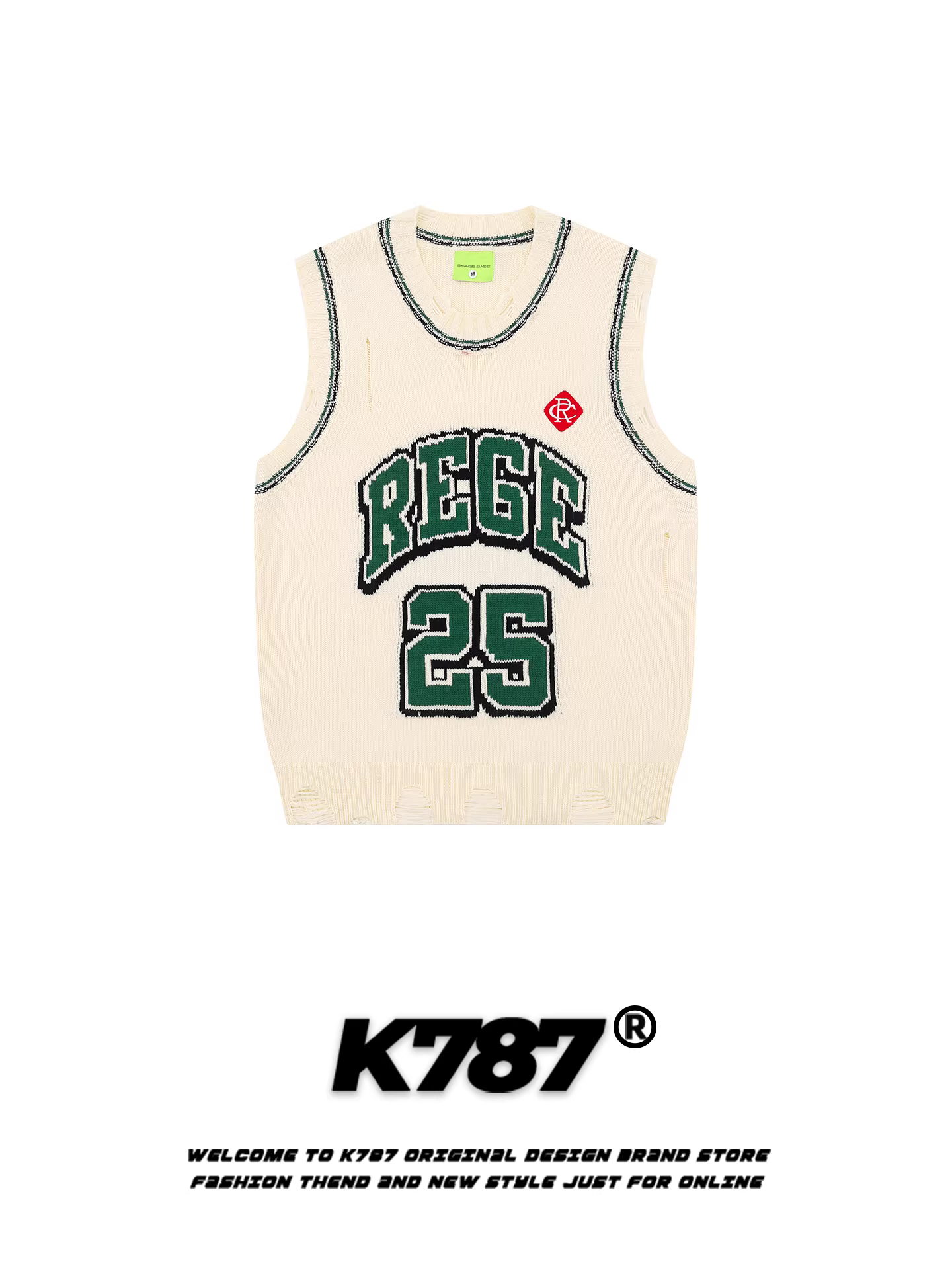 Áo len dệt kim kiểu Mỹ cổ tròn, phối màu, họa tiết chữ K787, dáng rộng, mặc nhiều lớp, không tay, dành cho cặp đôi.