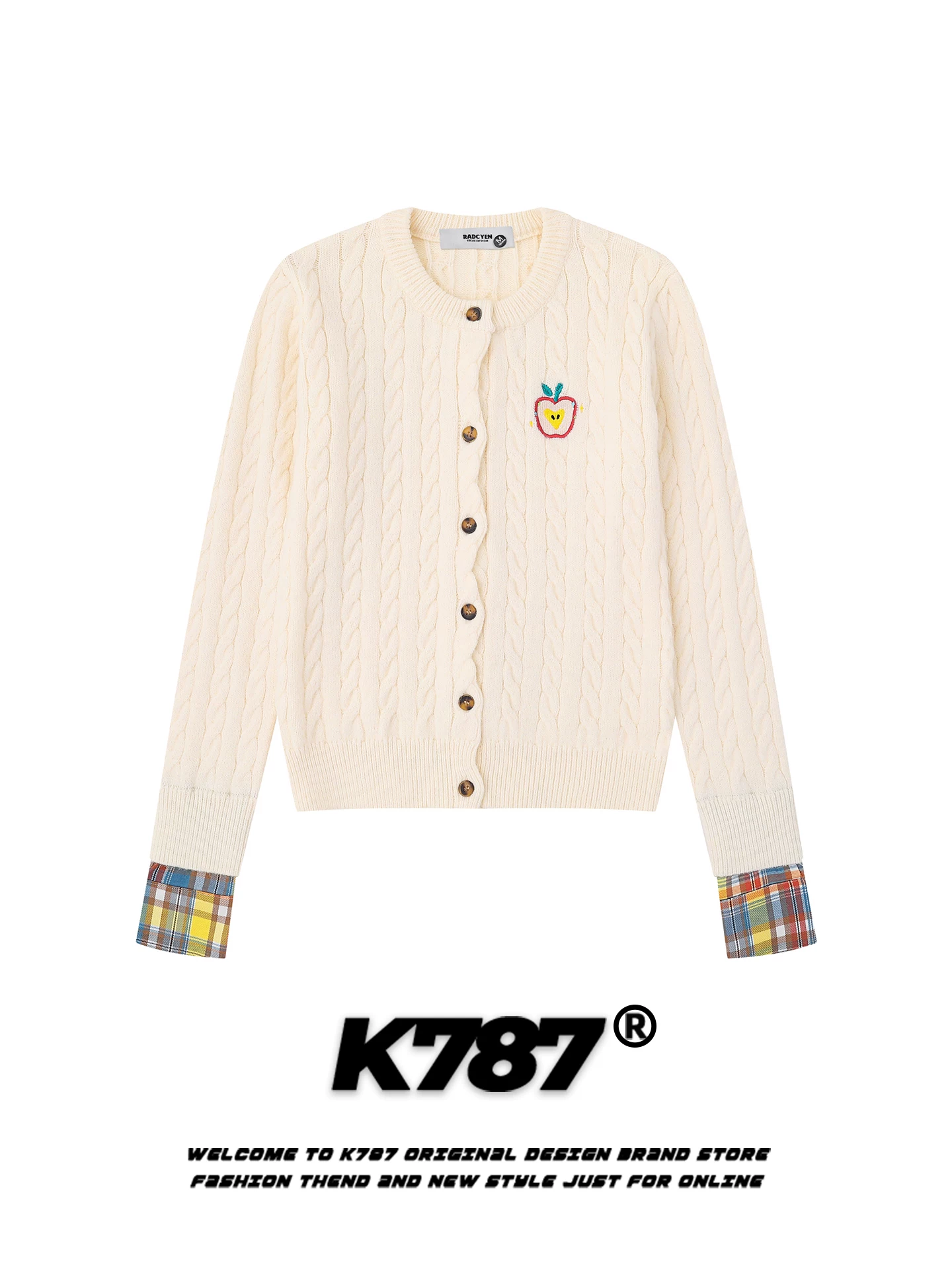 Áo len cardigan thêu hình quả táo kiểu Mỹ K787 dành cho nữ, áo khoác len ngắn màu đỏ đô phong cách lười biếng