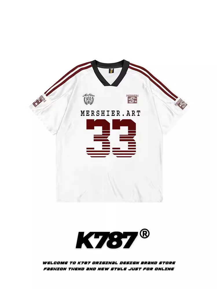 K787 Áo thun ngắn tay cổ chữ V phong cách retro quốc gia Mỹ dành cho nam và nữ blokecore chữ đau khổ jersey nửa tay