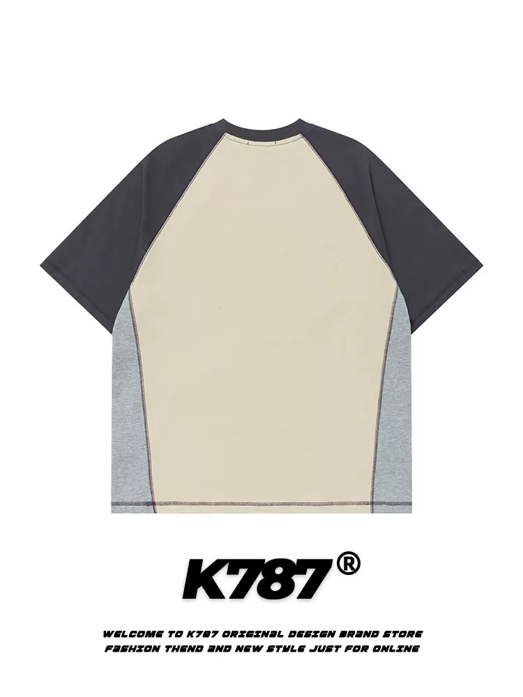 K787 Áo thun ngắn tay kiểu raglan cổ điển kiểu Mỹ dành cho nam và nữ, áo nửa tay họa tiết chữ graffiti phối màu dành cho cặp đôi