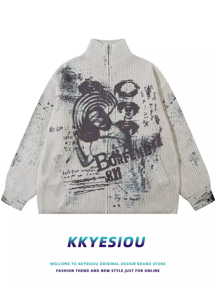 Áo len cổ đứng in chữ graffiti phong cách retro Mỹ thời thượng của KKyesiou dành cho nam và nữ, áo len hip-hop cá tính