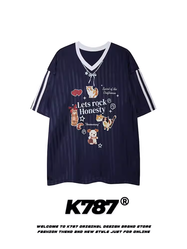 K787 Áo thun ngắn tay cổ chữ V in hình mèo cổ điển kiểu Mỹ dành cho nam và nữ, áo nửa tay dáng rộng giản dị dành cho cặp đôi hợp thời trang