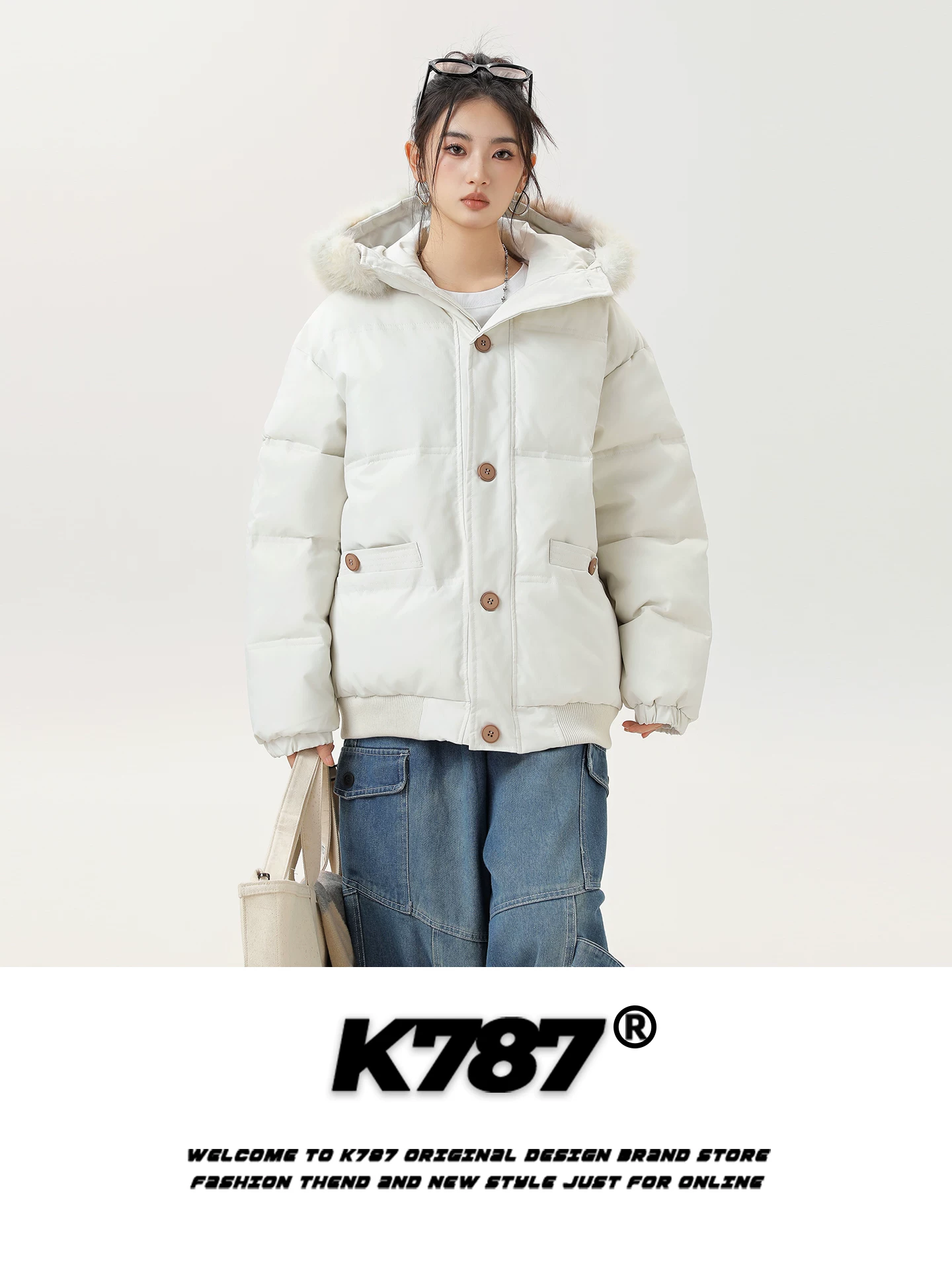 Áo khoác cotton có mũ trùm đầu, cổ lông thú, kiểu dáng retro Mỹ, thương hiệu K787, dành cho nam và nữ, dáng rộng, dày dặn, ấm áp, áo khoác cotton mùa đông dành cho cặp đôi.