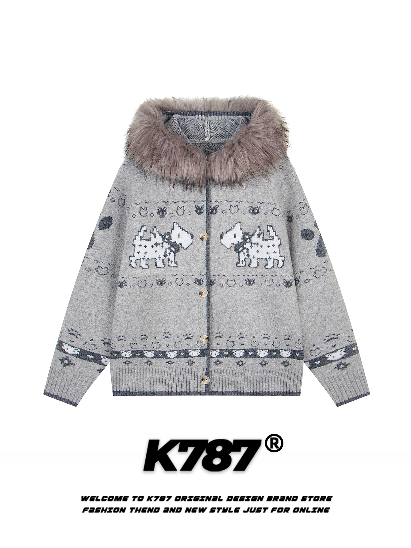 Áo len có mũ trùm đầu, cổ lông thú dệt jacquard phong cách đường phố Mỹ K787 dành cho nam và nữ, kiểu dáng rộng rãi, thoải mái, áo khoác cặp đôi dệt kim.
