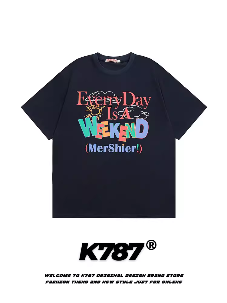 K787 Áo thun ngắn tay dáng rộng in họa tiết cổ điển kiểu Mỹ dành cho nam và nữ, áo cặp đôi chữ đầy màu sắc phong cách lười biếng cho mùa hè