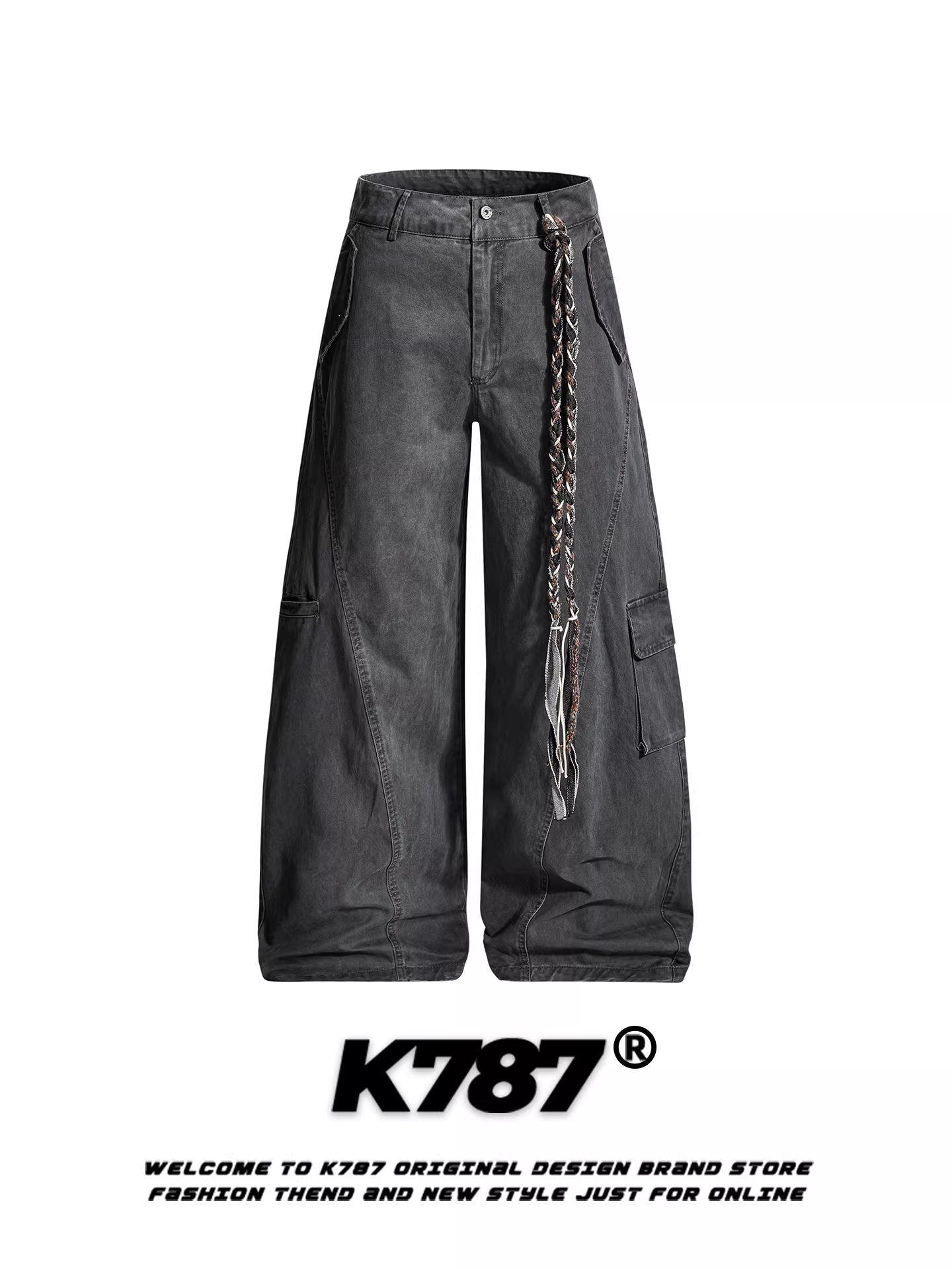 Quần dài ống rộng unisex kiểu Mỹ cổ điển, thiết kế nhiều túi, dáng rộng, cạp cao, dài chấm đất, phong cách đường phố, mã K787