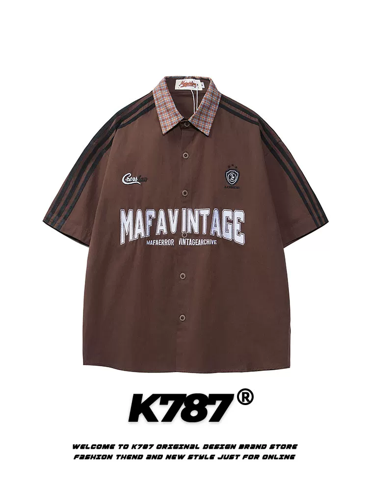K787 Áo sơ mi ngắn tay in họa tiết kẻ sọc cổ điển kiểu Mỹ dành cho nam và nữ cổ điển đường phố cao cấp đa năng áo đôi