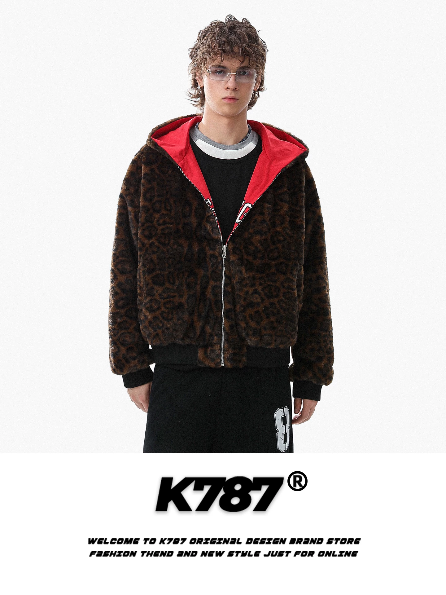 Áo khoác cotton có mũ trùm đầu in họa tiết da báo cổ điển kiểu Mỹ K787 dành cho nam và nữ, kiểu dáng rộng rãi hợp thời trang, áo khoác cotton thêu phong cách lười biếng.