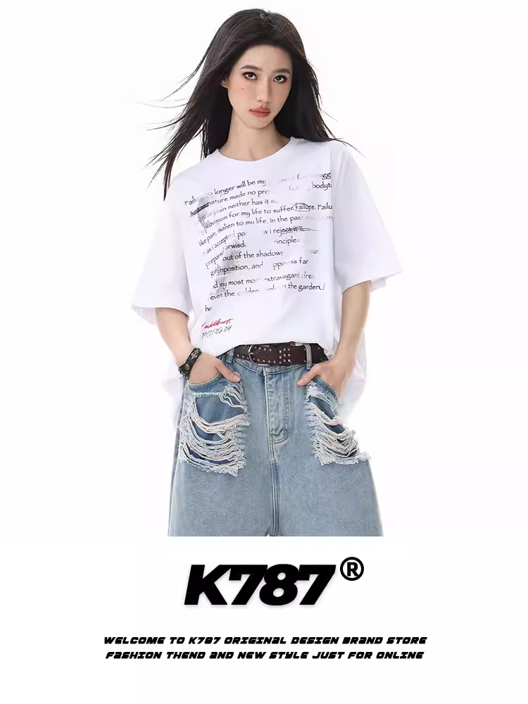 Áo thun ngắn tay phong cách đường phố Mỹ K787, kiểu chữ hip-hop, thiết kế rách cá tính, dành cho nam và nữ, dáng rộng, đa năng, thích hợp cho mùa hè.