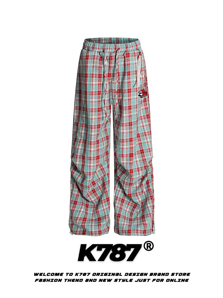 Quần âu unisex kiểu Mỹ cổ điển, phối màu, thêu, chắp vá, kẻ ca rô, dáng rộng, cạp cao, ống thẳng, phong cách đường phố, mã K787