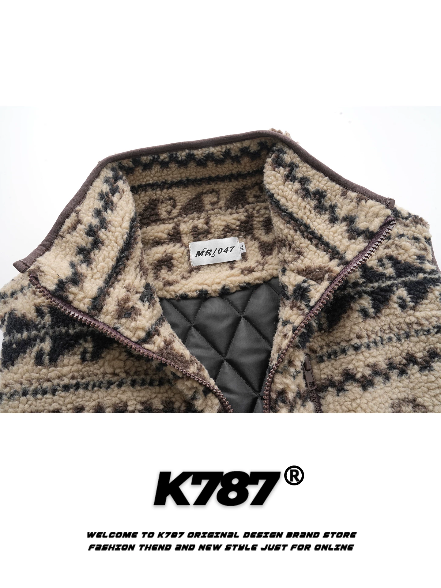 Áo vest cổ đứng phong cách dân tộc Fair Isle cổ điển Mỹ K787 dành cho nam và nữ, áo khoác có khóa kéo ấm áp, kiểu dáng thường ngày, mặc nhiều lớp, dành cho cặp đôi