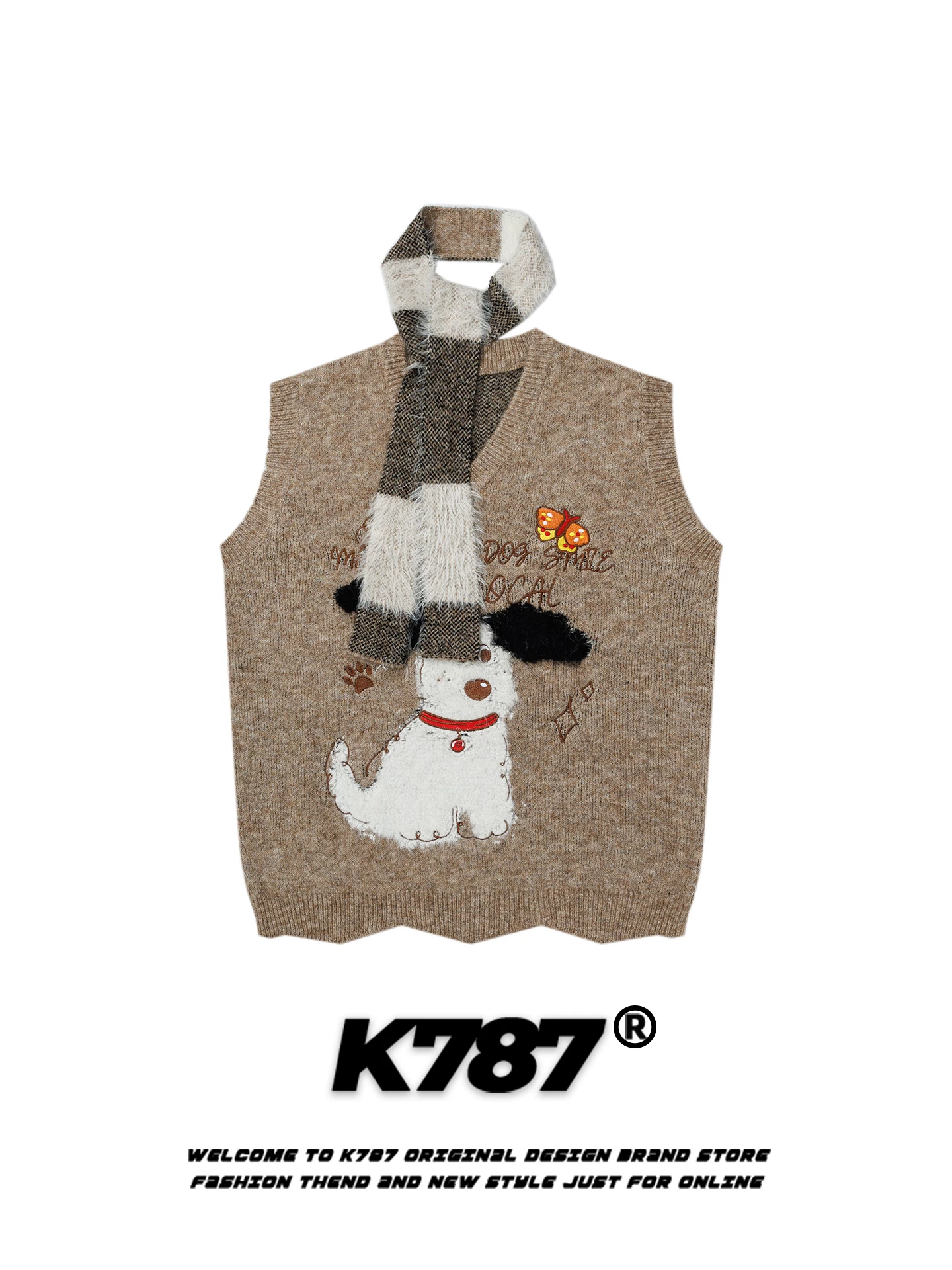 Áo len dệt kim cổ V không tay kiểu dáng hoạt hình chó phong cách đường phố Mỹ K787, unisex, dáng rộng, kiểu vest